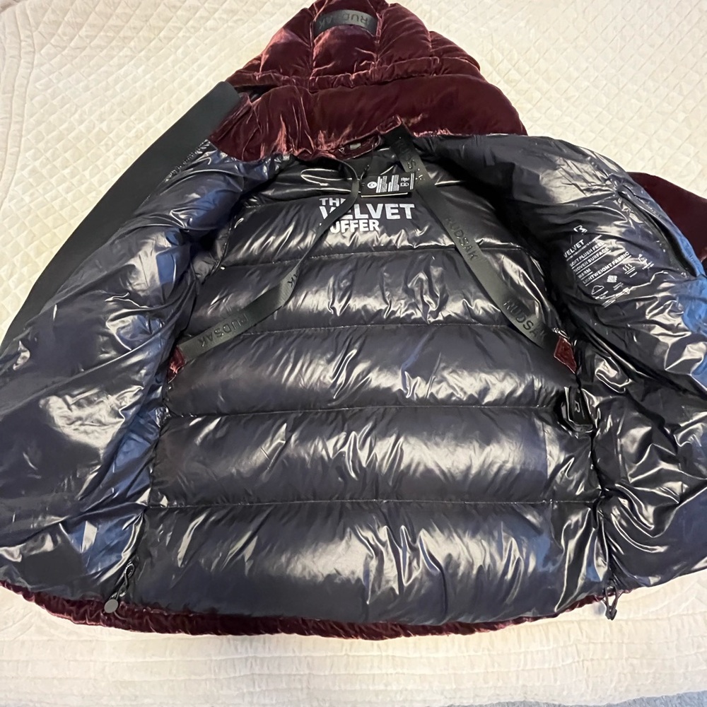RUDSAK Velvet Puffer Jacket in Burgundy and Black, goose down jacket